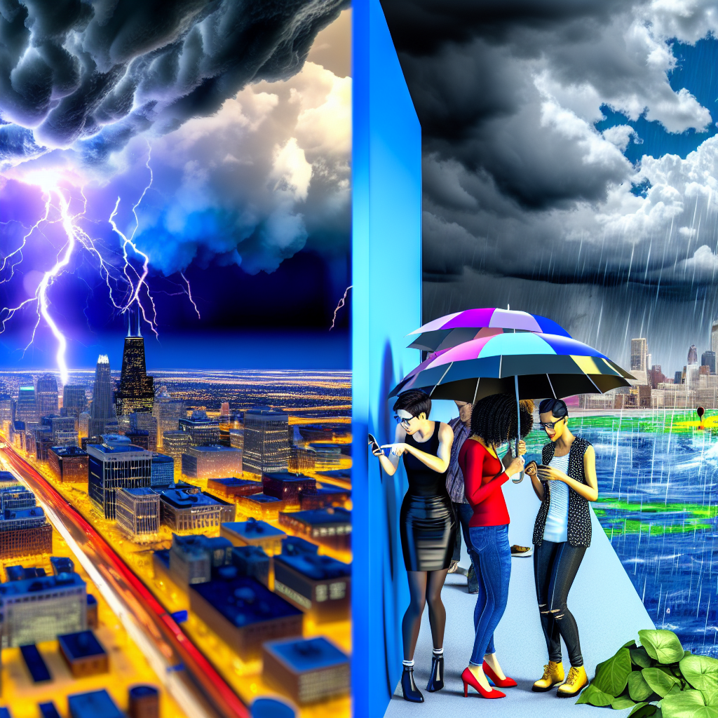 A vibrant, real-time weather scene split between a Midwest cityscape and a Northeast town. Dark, dramatic thunderstorm clouds roll in with visible lightning and heavy rain, highlighting areas under Severe Thunderstorm Warnings and Flood Advisories. People with umbrellas check phones for weather alerts, while others help each other stay safe, all set against a dynamic, stormy sky. Mood: urgent but positive, focusing on community and weather awareness.