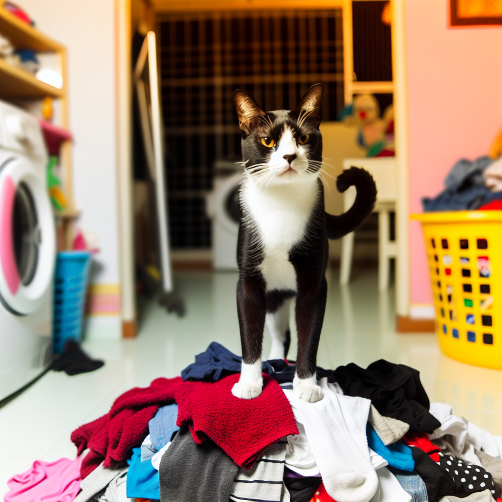 A tuxedo cat standing proudly atop a messy pile of colorful laundry, socks scattered all over, looking triumphant and sassy.
